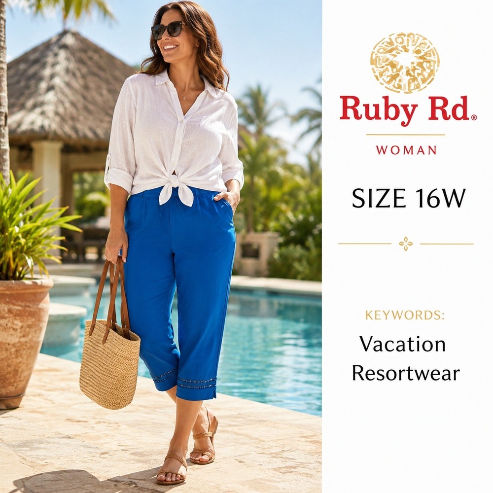 Ruby Rd. Woman Cropped Pants Womens 16W Royal Blue Lattice Trim Stretch Vacation